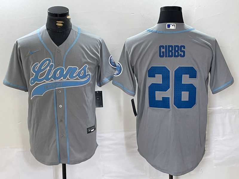 Men's Detroit Lions #26 Jahmyr Gibbs Grey With Patch Cool Base Stitched Baseball Jersey,We sell and wholesale Men's Detroit Lions #26 Jahmyr Gibbs Grey With Patch Cool Base Stitched Baseball Jersey on line form chian!